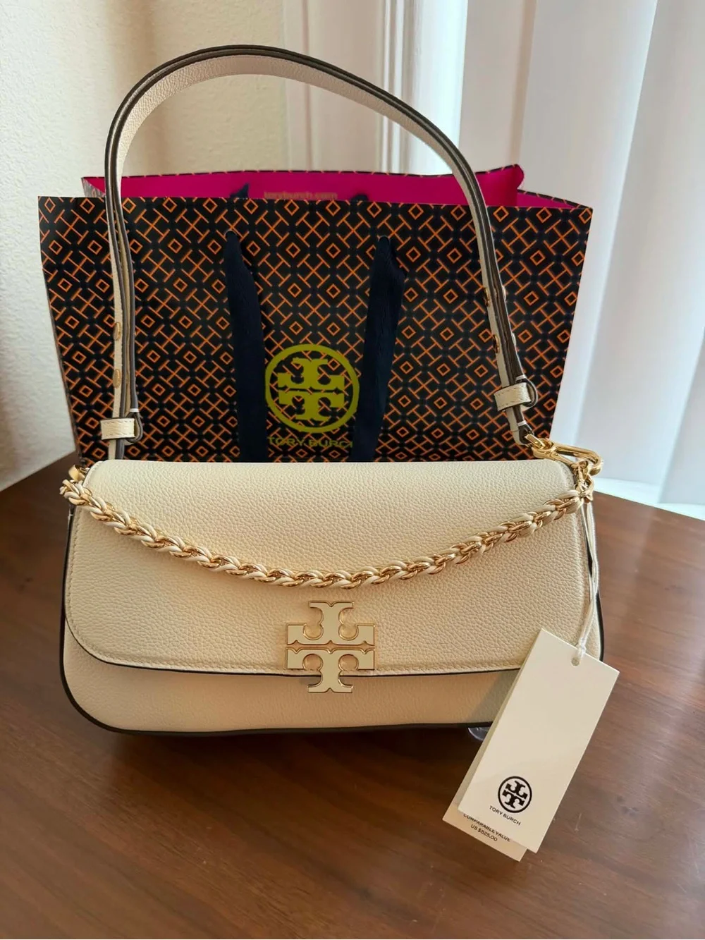 Tory Burch Ivory Pebbled Leather Shoulder Bag with Gold Chain